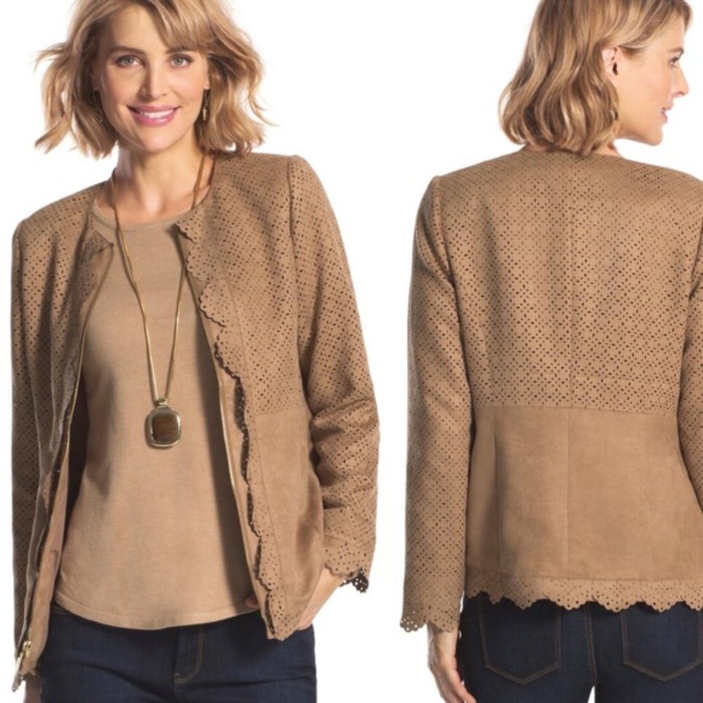 Chicos womens jacket size 2 tan Faux suede perferated scaloped jacket Brand new